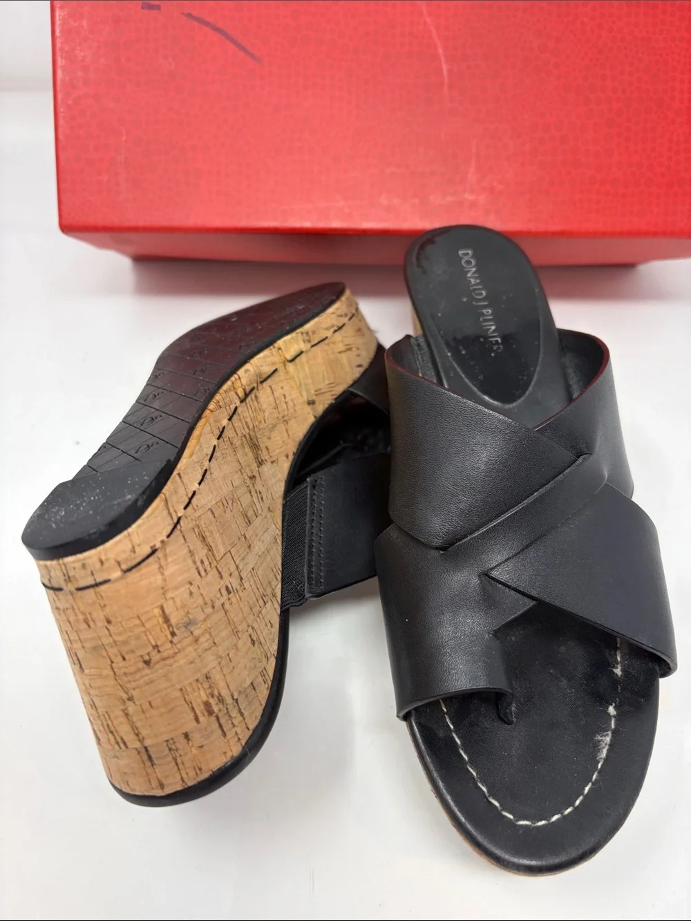 Donald J. Pliner Black Leather Cork Wedge Slide Sandals Size 7